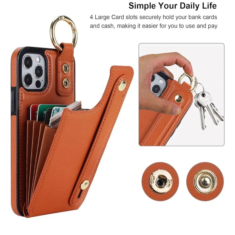 iPhone 12/12 Pro Wallet Case Brown Card Holder Wrist Strap Faux Leather